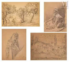 Louis RANDAVEL (Bône,1869 - Douera,1947)-Vieux mendiant, l'école coranique, femme berbère, Paysage-img1