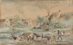 Charles François DAUBIGNY (1817 - 1878)-Troupeau de vaches devant la mare à l'entrée du village-img1