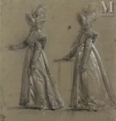Ecole française du début du XIXème siècle-Deux études de femmes en pied, le bras levé-img1