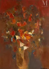 Roger MUHL (Strasbourg 1929 - Mougins 2008)-Bouquet de fleurs sur fond rouge, 1960-img1