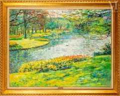 Max AGOSTINI (1914-1997)-Cygnes sur le lac au Keukenhof-img1