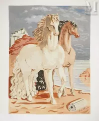 Giorgio DE CHIRICO-Couple de chevaux dans un paysage mythologique, c. 1960-img1