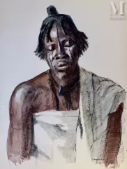 Gustave HERVIGO (1896-1993)  Peintre officiel de la Marine - Aquarelle-"Tchadien au collier"-img1