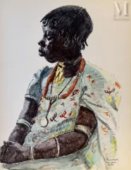 Gustave HERVIGO (1896-1993)  Peintre officiel de la Marine - Aquarelle-"Jeune fille au collier"-img1