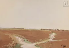 Gustave HERVIGO (1896-1993)  Peintre officiel de la Marine - Gouache-"Chemin vers le village"-img1