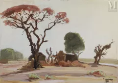 Gustave HERVIGO (1896-1993)  Peintre officiel de la Marine - Gouache-"Arbres près des maisons"-img1