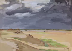 Gustave HERVIGO (1896-1993)  Peintre officiel de la Marine - Gouache-"Soir d'orage" -img1