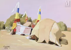 Gustave HERVIGO (1896-1993)  Peintre officiel de la Marine - Gouache-"Les tentes bariolées"-img1