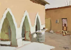 Gustave HERVIGO (1896-1993)  Peintre officiel de la Marine - Gouache-"Cour intérieure"-img1