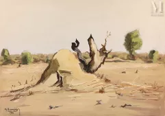 Gustave HERVIGO (1896-1993)  Peintre officiel de la Marine - Gouache-"Paysage" -img1