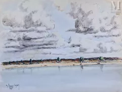 Gustave HERVIGO (1896-1993)  Peintre officiel de la Marine - Aquarelle-Ciel nuageux"-img1