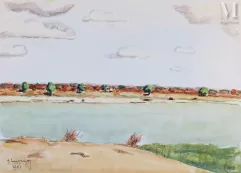 Gustave HERVIGO (1896-1993)  Peintre officiel de la Marine - Aquarelle-"Le long du fleuve"-img1