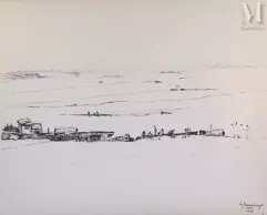 Gustave HERVIGO (1896-1993)  Peintre officiel de la Marine - Dessin à l'encre-"LAMY (TCHAD) le long du fleuve" -img1
