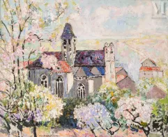 Victor CHARRETON (Château de Bourgoin 1864 - Clermont-Ferrand 1936)-L'église de Vetheuil au printemps-img1