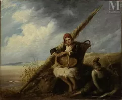 École française du XIXème siècle-Famille dans un intérieur/ paysanne aux paniers-img1