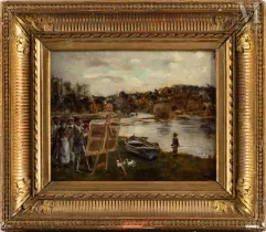 Eduardo León GARRIDO (1856-1949)-Leçon de peinture en bords de Marne (probablement autoportrait)-img1