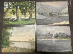 Ecole FRANCAISE du XXe siècle dont André BARBIER-Paysages / Vues de village / Venise / Vues sur un lac-img1