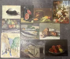 Ecole FRANCAISE du XIX et du XXe siècle-Natures mortes aux fruits, aux poissons et à la vaisselle / Bouquet de fleurs-img1