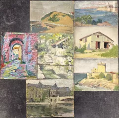 André BARBIER (1883 - 1970) et divers artistes du XXe siècle-Bord de mer / Maison basque / Paysage verdoyant / Arches romaines-img1