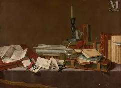 École française du XVIII ème siècle, suiveur de Charles Emmanuel BIZET-Nature morte aux livres et documents manuscrits sur un entablement-img1