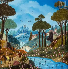 Alain THOMAS ( Né en 1942 )-Paysage au moulin-img1