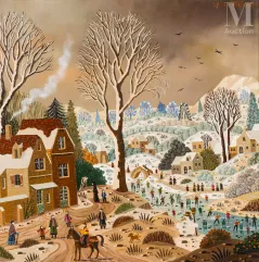 Alain THOMAS ( Né en 1942 )-Paysage hivernal au bonhomme de neige-img1