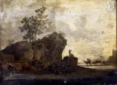 Ecole ITALIENNE fin XVIIIème, début du XIXème siècle-Bergers et vaches dans un paysage aux rochers-img1