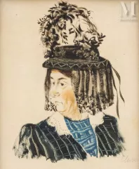 Antoni CLAVE (Barcelone 1913- Saint Tropez 2005)-Illustration du livre intitulé Les plus beaux costumes du terroir « Velay, chapeau à l’ombrage », circa 1942-img1