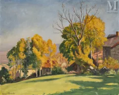 Louis CHARLOT (Cussy en Morvan 1878 - Uchon 1951)-Paysage aux maisons et aux arbres-img1