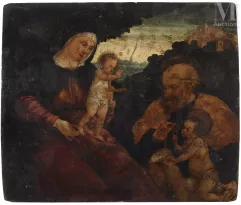 Ecole de VENETIE, vers 1530-La Sainte Famille avec Saint Jean-Baptiste enfant-img1
