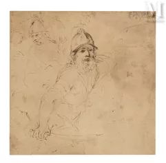 Giovanni Francesco BARBIERI dit le GUERCHIN (Cento 1591 – Bologne 1666)-Etude de soldat casqué, deux silhouettes dans le fond-img1