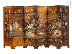VIETNAM, Ecole des Beaux Arts de l'Indochine, XXe siècle-Rare paravent à six feuilles en laque de Coromandel-img1