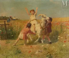 Victor GILBERT  (Paris 1847 - 1933)-Enfants jouant avec biquette-img1