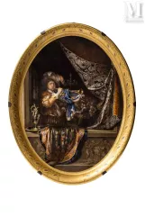 SEVRES, Fanny CHARRIN, Lodewijk XVIII periode, 1819-Ovaal porseleinen ontbijtschaaltje, eerste grootte, kopie van het schilderij "De Trompetter" van Gérard Dou (Leiden, 1613; Leiden, 1675), Nederlands, calvinistisch protestant.-img1