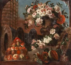 Ecole FRANCAISE du XIXe siècle, dans le goût de Pierre Nicolas HUILLIOT-Vase de fleurs et coupe de pêches / Pêches, cerise et guirlandes de fleurs-img1