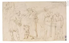 Attribué à Giovan Battista di JACOPO, dit Il CAPANNA  (actif vers 1527)-Feuille d’études recto-verso : études de mendiants, femmes et enfants / Hercule en pied de dos d’après Beccafumi-img1