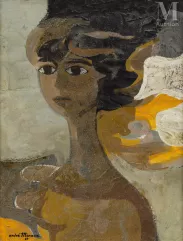 André MINAUX (Paris 1923 - Provins 1986)-Tête de femme brune au long cou fond gris claire, ocre clair et ocre moyen, blanc et noir-img1