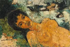 André MINAUX (Paris 1923 - Provins 1986)-Buste de femme nu couché dans l'herbe-img1