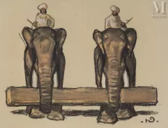 Henri DELUERMOZ (Paris 1876-1943)-Illustration : éléphants transportant un tronc, pour le livre « Les Bâtisseurs de Ponts » de Rudyard Kipling,-img1