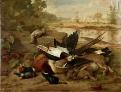 Ecole FRANÇAISE du XIXème siècle-"Nature morte aux canards et lapin" ou "Retour de Chasse"-img1