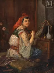Ecole ORIENTALISTE du XIXe siècle-Mauresque se coiffant-img1