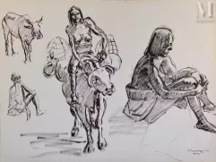Gustave HERVIGO (1896-1993)  Peintre officiel de la Marine - Dessin à l'encre-"Etude de personnages et d'animaux"-img1