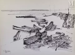 Gustave HERVIGO (1896-1993)  Peintre officiel de la Marine - Dessin à l'encre-"Les embarcations" -img1
