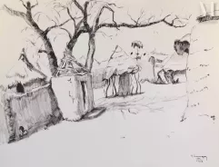 Gustave HERVIGO (1896-1993)  Peintre officiel de la Marine - Dessin à l'encre-"LERE (TCHAD),les cases"-img1