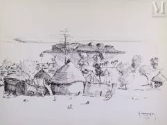 Gustave HERVIGO (1896-1993)  Peintre officiel de la Marine - Dessin à l'encre-"Village au bord de l'eau" -img1