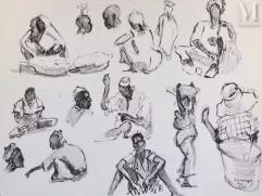 Gustave HERVIGO (1896-1993)  Peintre officiel de la Marine - Dessin à l'encre-"Etude de personnages" -img1