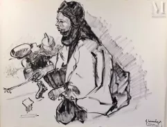 Gustave HERVIGO (1896-1993)  Peintre officiel de la Marine - Dessin à l'encre-"AGADEZ (NIGER) , les bijoutiers" -img1