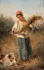 Vladimir Egorovitch MAKOVSKI (Moscou 1846 - 1920 Saint-Pétersbourg)-Paysanne à la gerbe de blé et son enfant-img1