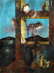 Henry PIERRE (1924-2015)-Composition surréaliste aux fleurs et poires-img1