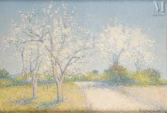 Achille LAUGE (Arzens 1861 - Cailhau  1944)-Les amandiers en fleurs-img1